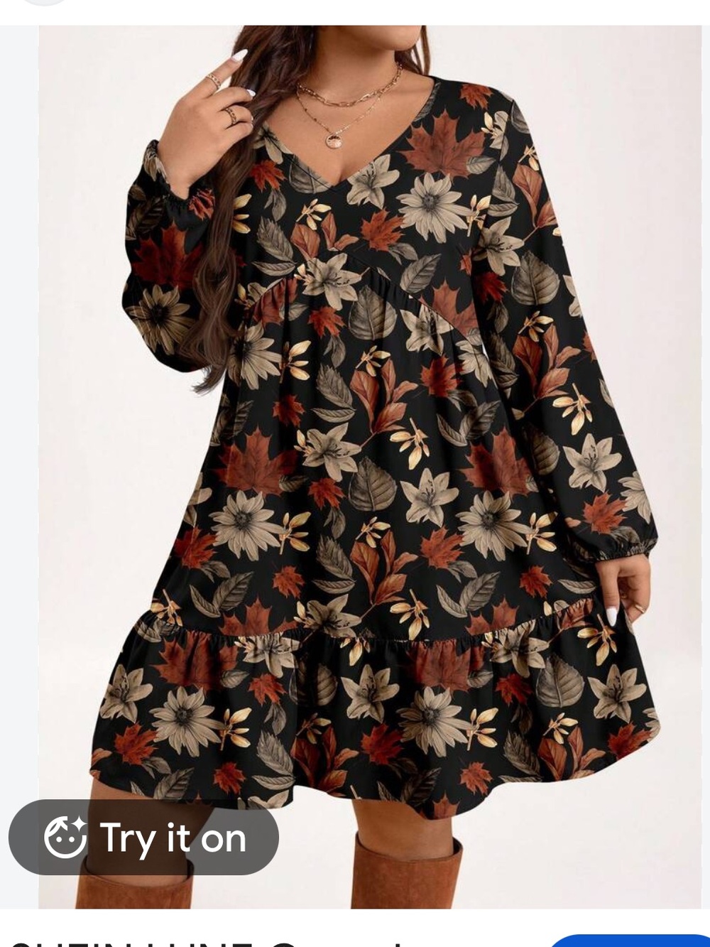 FALL print Black Floral V-Neck Tiered Long Sleeve Dress - Picture 8 of 9